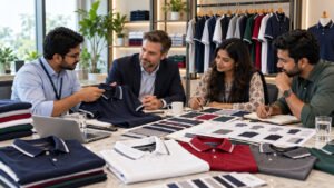 Global buyer reviewing sports polo shirt samples with a sourcing team in Bangladesh